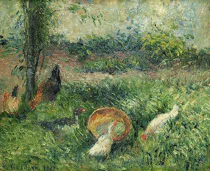 有母鸡和鸭子的谷仓`Barnyard with hens and ducks by Camille Pissarro