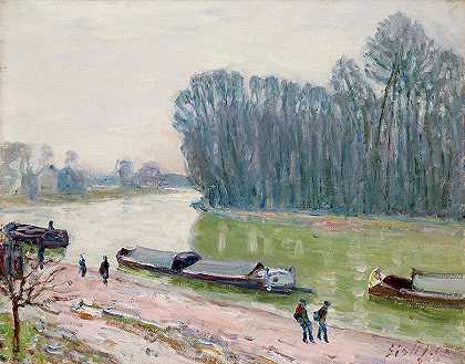 河上游荡的游艇`Houseboats on the river Loing by Alfred Sisley