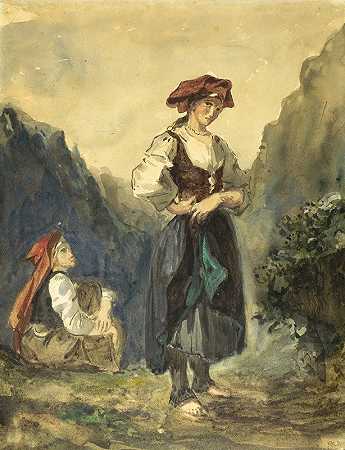 来自奥克斯博恩斯地区的农妇`Peasant Women from the Region of the Eaux~Bonnes (1845) by Eugène Delacroix