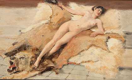 雌性裸体狮子皮`Female Nude on a Lion Pelt by Albert von Keller