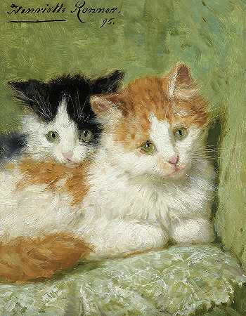 两只小猫坐在垫子上，·Two Kittens sitting on a Cushion, 19th century by Henriette Ronner-Knip