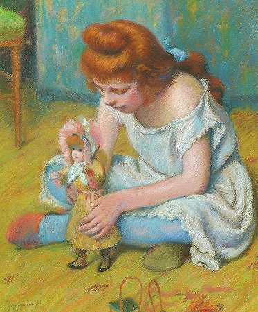 玩洋娃娃的小女孩`Young girl playing with a doll by Federico Zandomeneghi