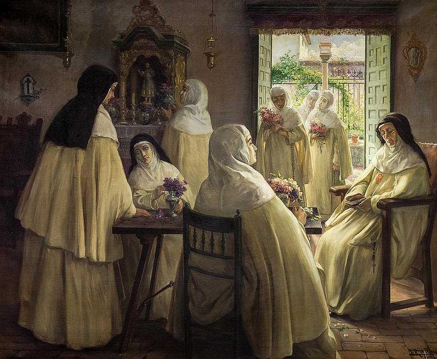 1922年，修道院屋内有美塞达利修女场景`Interior of convent with Mercedarian nuns scene, 1922 by Jose Rico Cejudo