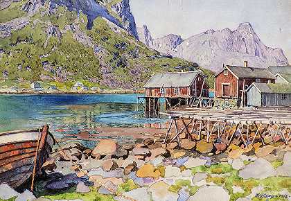 渔港，1918年`Fishing Docks, 1918 by Gunnar Widforss