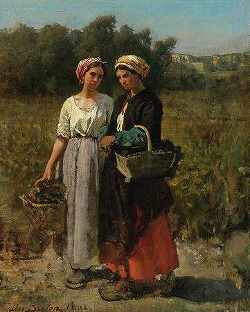 两位年轻女子采摘葡萄，·Two Young Women Picking Grapes, 19th century by Jules Breton