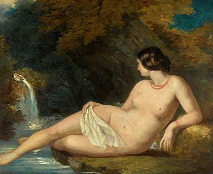 躺在瀑布边的裸体女性`Reclining Female Nude By A Waterfall by William Etty