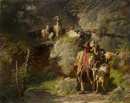 牧羊人和羊群`Shepherd with Flock of Goats (1864) by Josef Anton Braith