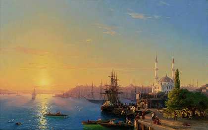 君士坦丁堡和博斯普鲁斯海峡景观，·View Of Constantinople And The Bosphorus, 19th century by Ivan Konstantinovich Aivazovsky