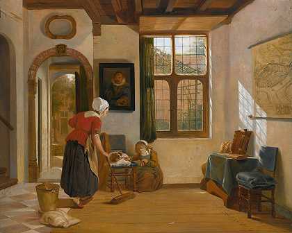 室内有一个女佣，一个女孩和一只狗，还有一张多德雷赫特地图`Interior with a maid, a girl with a dog, and a map of dordrecht by Abraham Van Strij