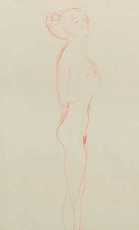 裸体女孩站着，右手放在胸前`Naked Girl Standing, with Right Hand to Breast (1906) by Gustav Klimt