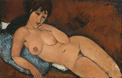 在蓝色垫子上裸体`Nude on a Blue Cushion (1917) by Amedeo Modigliani