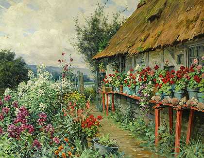 村舍花园盛开`Cottage Garden in Bloom by Louis Aston Knight