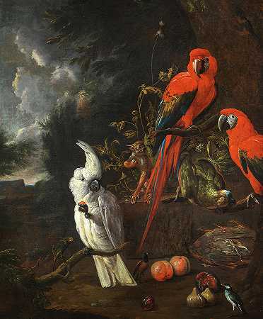一只柠檬冠凤头鹦鹉，两只红色金刚鹦鹉，一只绿色鹦鹉和一只狨猴，还有苹果和无花果`A citron-crested cockatoo, two red macaws, a green parrot and a marmoset, with apples and figs by Willem van Royen