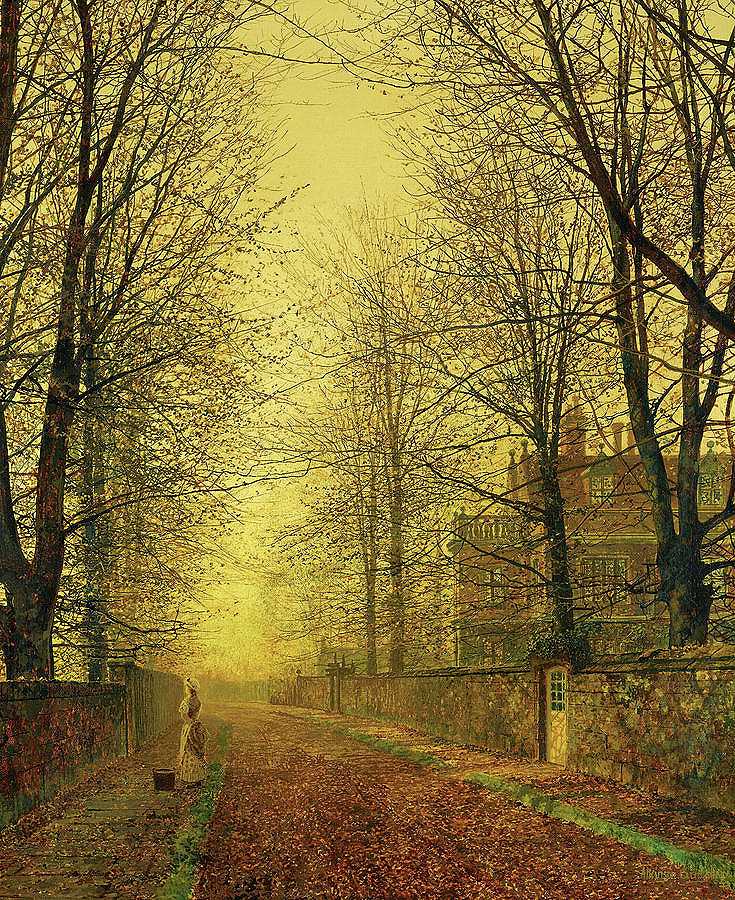 在秋天的金光中`In Autumn\’s Golden Glow by John Atkinson Grimshaw