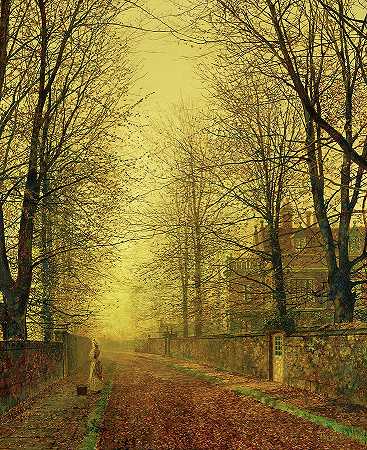 在秋天的金光中`In Autumn\’s Golden Glow by John Atkinson Grimshaw