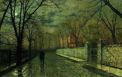 雨后月光下的小路上的人影`Figures In A Moonlit Lane After Rain by John Atkinson Grimshaw