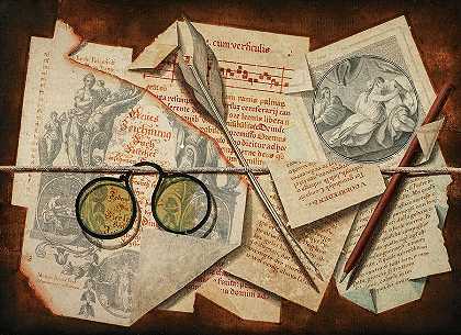 用镊子、书页和羽毛笔欺骗眼睛`A trompe l\’oeil with pince-nez, pages from a book and a quill pen by Michele Bracci