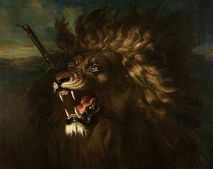 受伤的狮子，1839年`Wounded Lion, 1839 by Raden Saleh
