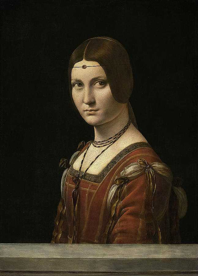 一个不知名女人的肖像，拉贝尔·费伦尼耶，1496年`Portrait of an Unknown Woman, La belle ferronniere, 1496 by Leonardo da Vinci