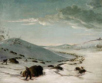 冬天水牛追逐，印第安人穿着雪鞋`Buffalo Chase in Winter, Indians on Snowshoes by George Catlin