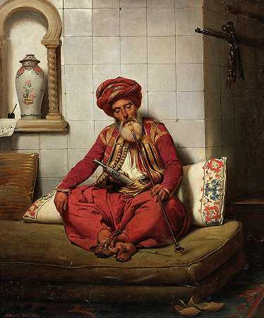 带水烟的土耳其人，1834年`Turk with hookah, 1834 by Horace Vernet