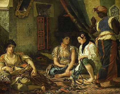 阿尔及尔的女人们在他们的公寓里，大约1834年`Women of Algiers in their Apartment, circa 1834 by Eugene Delacroix