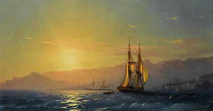 海上日落，1877年`Sunset at Sea, 1877 by Ivan Konstantinovich Aivazovsky