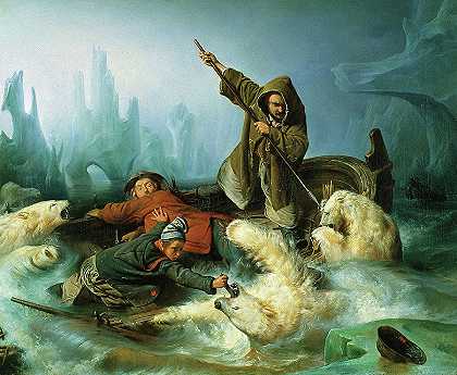 与北极熊搏斗，1839年`Fight with Polar Bears, 1839 by Francois-Auguste Biard