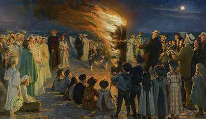 1906年，仲夏前夜斯卡根海滩上的篝火`Midsummer Eve bonfire on Skagen\’s beach, 1906 by Peder Severin Kroyer