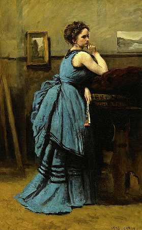 《穿蓝色衣服的女人》，1874年`The Lady in Blue, 1874 by Jean-Baptiste-Camille Corot