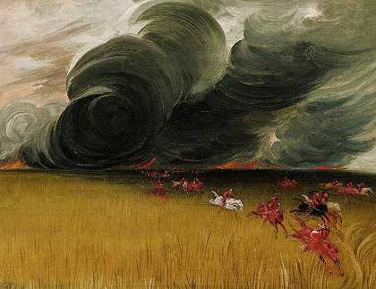 草原草原燃烧，1832年`Prairie Meadows Burning, 1832 by George Catlin