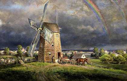 东汉普顿老胡克磨坊，1880年`Old Hook Mill, Easthampton, 1880 by Edward Lamson Henry