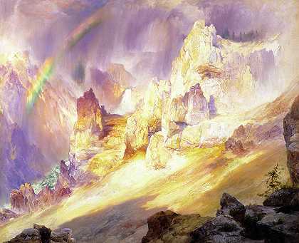 1900年黄石大峡谷彩虹`Rainbow over the Grand Canyon of the Yellowstone, 1900 by Thomas Moran