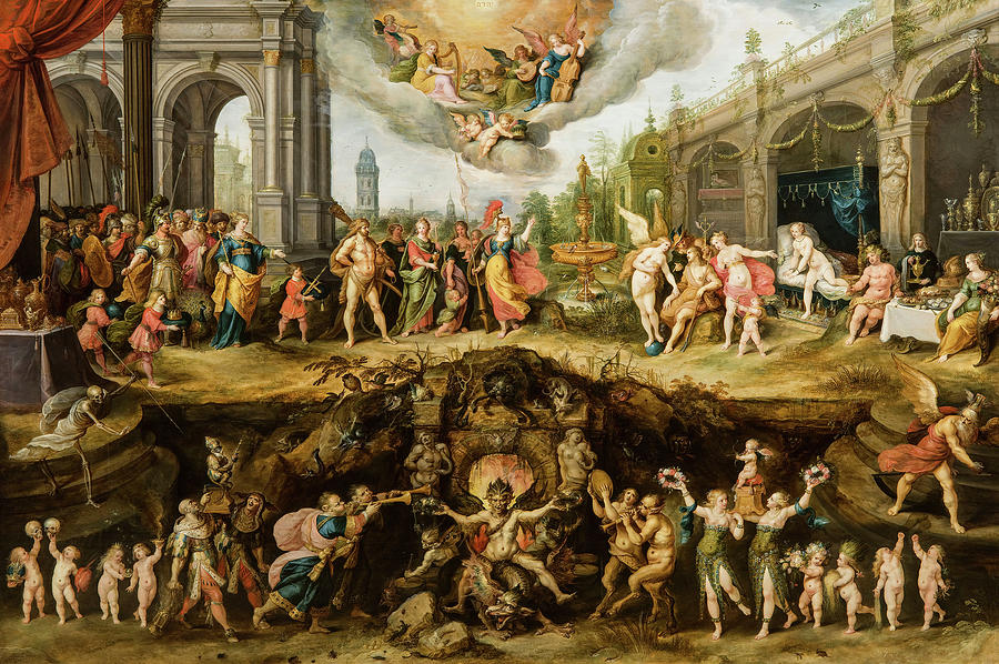 人类永恒的困境，善与恶的选择，1633年`Mankind\’s Eternal Dilemma, The Choice Between Virtue and Vice, 1633 by Frans Francken the Younger