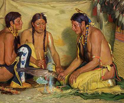 制作香草药，黑脚仪式，1920年`Making Sweet Grass Medicine, Blackfoot Ceremony, 1920 by Joseph Henry Sharp