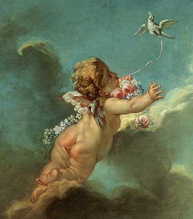 丘比特和一只飞鸽`Cupid with a Flying Pigeon by Francois Boucher