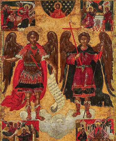 大天使迈克尔和加布里埃尔与场景，17世纪`The Archangels Michael and Gabriel with Scenes, 17th century by Unknown