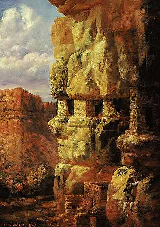 1875年，科罗拉多州里约曼科斯悬崖上的房屋`Cliff Houses on the Rio Mancos, Colorado, 1875 by William Henry Holmes