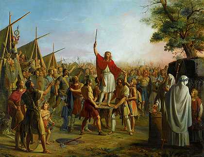 法拉蒙在亭子上被法兰克战士举起，417`Pharamond eleve sur le pavois par les guerriers francs, 417 by Michel Philibert Genod