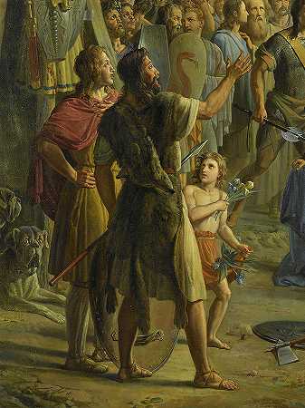 法拉蒙在亭子上被法兰克战士举起，417`Pharamond eleve sur le pavois par les guerriers francs, 417 by Pierre Revoil