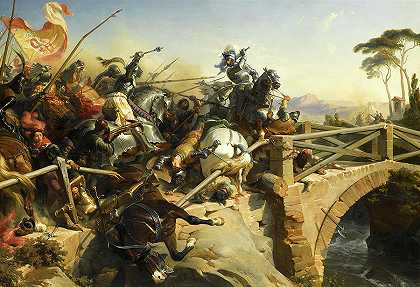巴亚德保卫加里利亚诺河上的一座桥，1503年`Bayard defend un pont sur le Garigliano, 1503 by Felix Philippoteaux