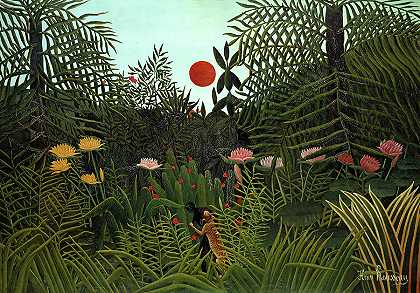 《日落丛林》，1910年`Jungle with Setting Sun, 1910 by Henri Rousseau