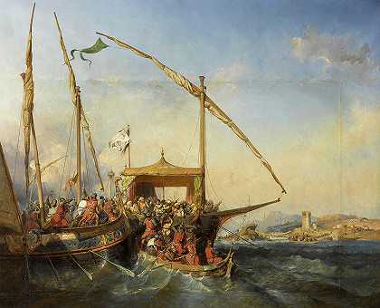 恩布罗海战，1346年`Bataille navale d\’Embro, 1346 by Eugene Lepoittevin