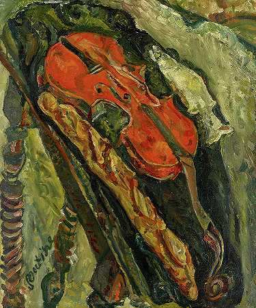 《小提琴、面包和鱼的静物画》，1922年`Still Life with Violin, Bread and Fish, 1922 by Chaim Soutine