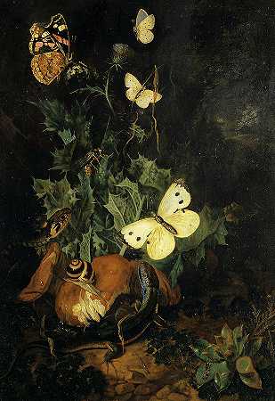 蝴蝶、蜥蜴和蛇的静物画`Still Life with Butterflies, Lizard and Snake by Carl Wilhelm de Hamilton