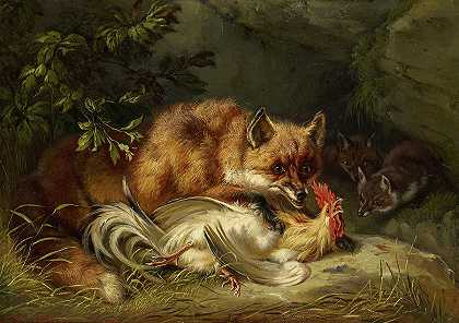 狐狸攻击公鸡`Fox Attacking a Cock by Benno Raffael Adam