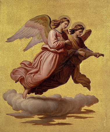 两个天使漂浮，1865年`Two Angels Floating, 1865 by Johann von Schraudolph