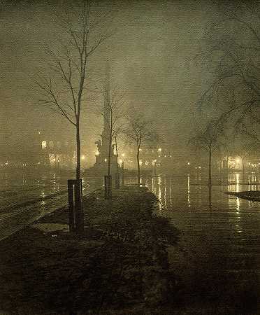 一个潮湿的夜晚，哥伦布圈，1898年`A Wet Night, Columbus Circle, 1898 by William Fraser