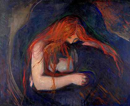 吸血鬼，1895年`Vampire, 1895 by Edvard Munch