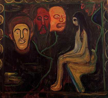 女孩和三个男性头像，1898年`Girl and Three Male Heads, 1898 by Edvard Munch